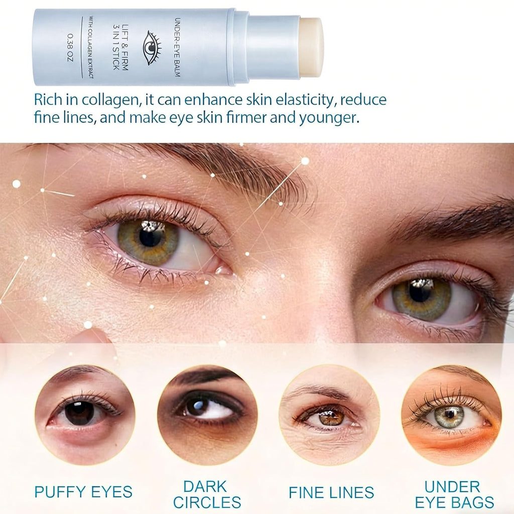 Korean Under Eye Balm, 3 in1 Lift & Firm Multi Cream With Collagen Extract, Hydrating, Smoothing, and Refreshing Eye Care Stick for Dark Circles, Puffiness, and Fine Lines, 0.38 oz (2PCS)